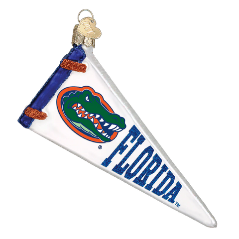 Glass ornament shaped like a Florida Gators pennant with logo on a white background