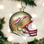 Decorative football helmet of Florida State ornament on a Christmas tree with lights in the background