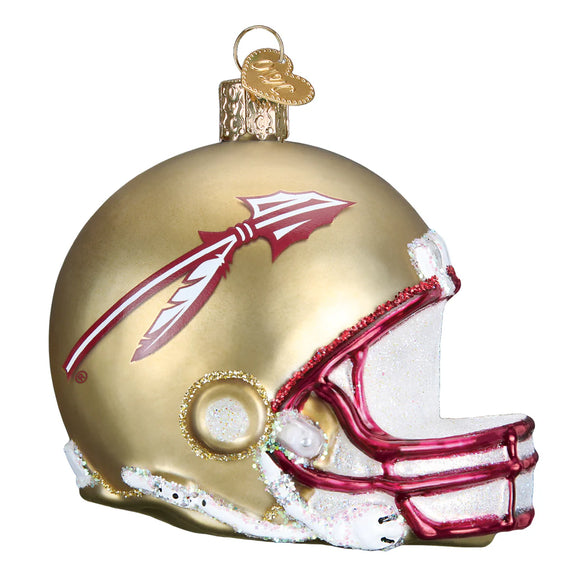 Glass ornament shaped like a football helmet with gold and red colors of Florida State on a white background