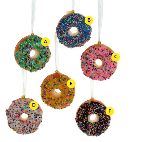 Foam donut ornaments in six colorful frosting styles with rainbow sprinkles, sold separately.