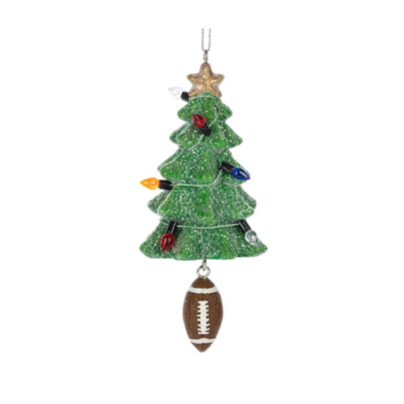 Football Christmas tree ornament with a glittered green tree, colorful Christmas lights, gold star topper, and dangling football.