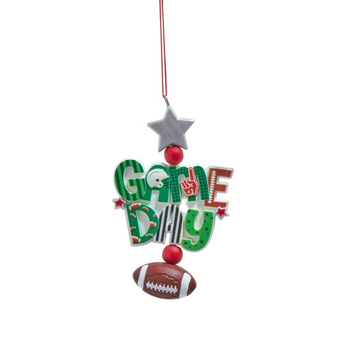 Football Game Day ornament with green letters, sports details, a silver star, and a football hanging below.
