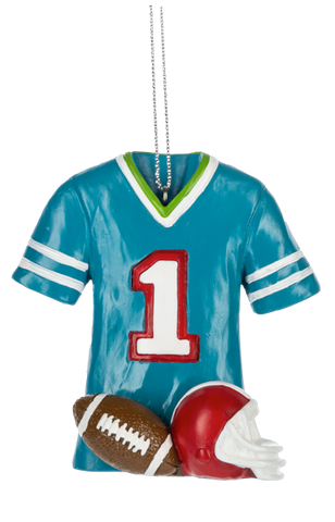 Football jersey ornament featuring a teal number 1 jersey with a football and red helmet at the base.