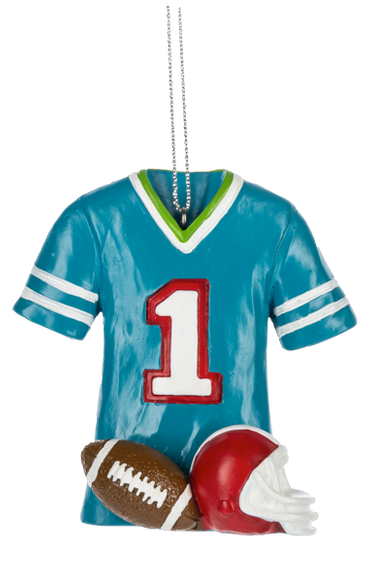 Football jersey ornament featuring a teal number 1 jersey with a football and red helmet at the base.