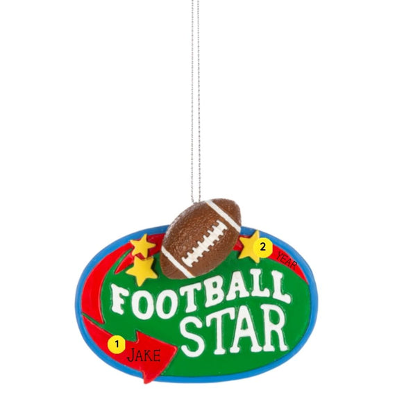 Personalized Football Star Sign ornament with a football accent, gold stars, and colorful sign design with space for a name and year.