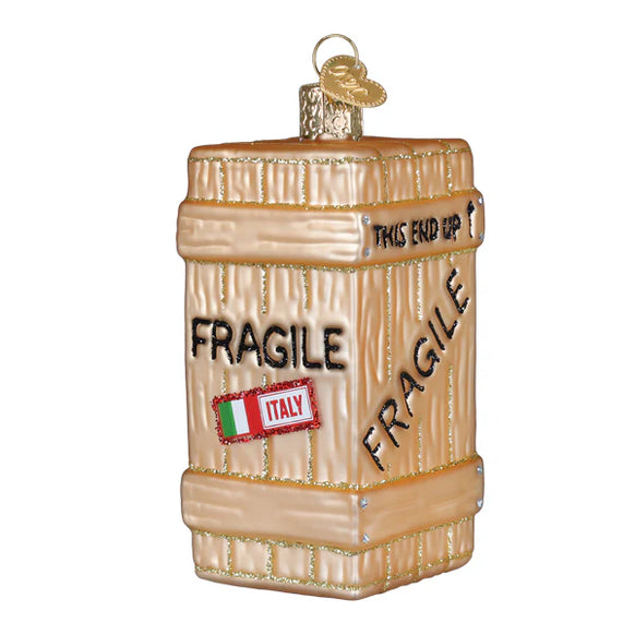 Decorative glass Crate ornament with 'Fragile' labels on a white background