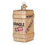 Decorative glass Crate ornament with 'Fragile' labels on a white background