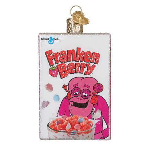 Decorative ornament resembling a Frankenberry cereal box with a cartoon character on a white background
