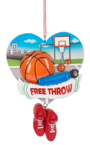 Heart-shaped basketball ornament with a large basketball, hoop, “Free Throw” banner, blue towel, and dangling red sneakers.