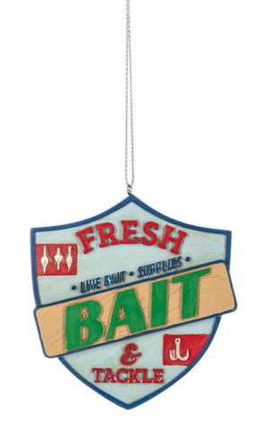 Shield-shaped fishing ornament in blue, red, tan, and green with layered sign-style lettering that reads “Fresh Bait & Tackle.”