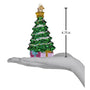 Christmas tree ornament with a present on a hand palm, showing its height of 4.75 inches.