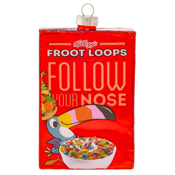 Froot Loops cereal box Christmas ornament with toucan and fruit design on a white background