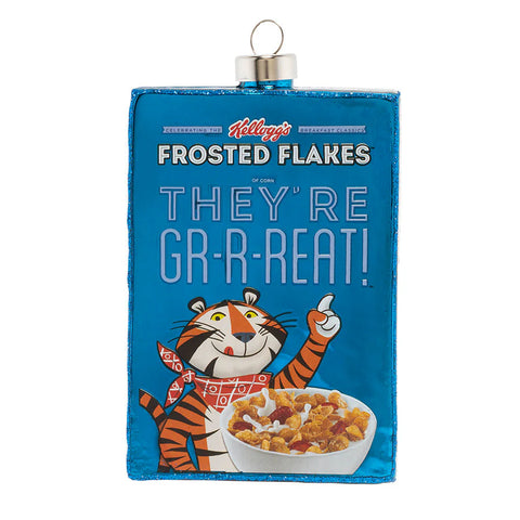 Kellogg’s Frosted Flakes™ glass ornament shaped like a blue cereal box with Tony the Tiger, a bowl of cereal, and glittered edges.