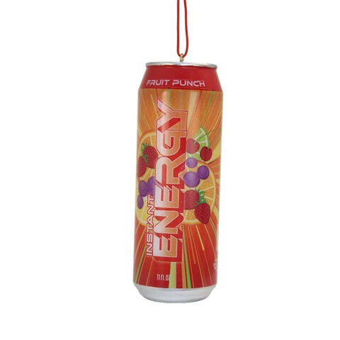 Red and orange energy drink can ornament with fruit punch wording, mixed fruit graphics, and a silver top and bottom.