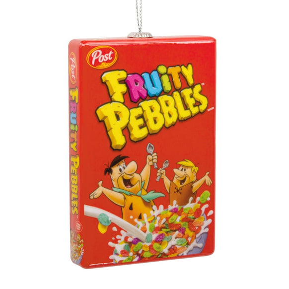 Fruity Pebbles cereal box ornament with cartoon characters on a white background