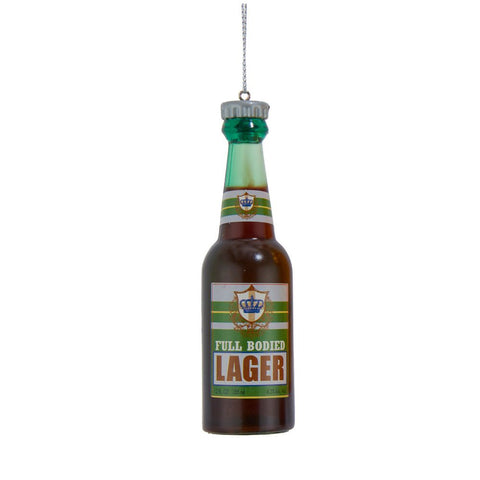 Acrylic ornament shaped like a dark beer bottle with a Full Bodied Lager label, green bottle neck, and silver hanging string.