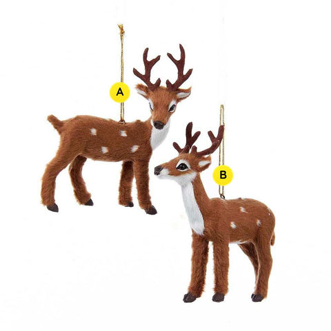 Fuzzy brown and white reindeer ornaments sold individually, featuring soft flocked-style texture, white spots, dark hooves, and antlers in two different poses.