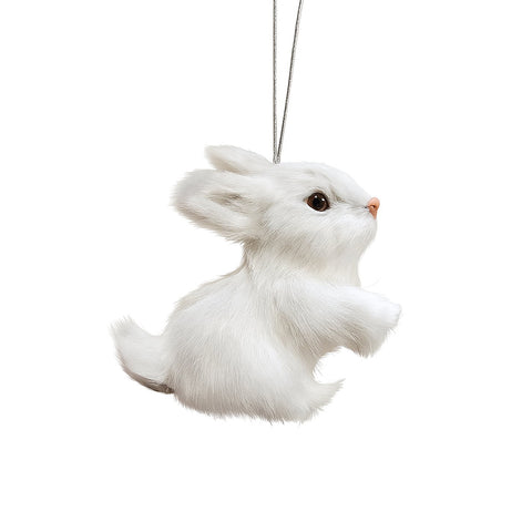 White rabbit ornament with silver hanger against a white background