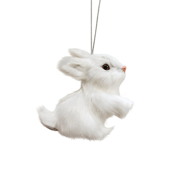 White rabbit ornament with silver hanger against a white background