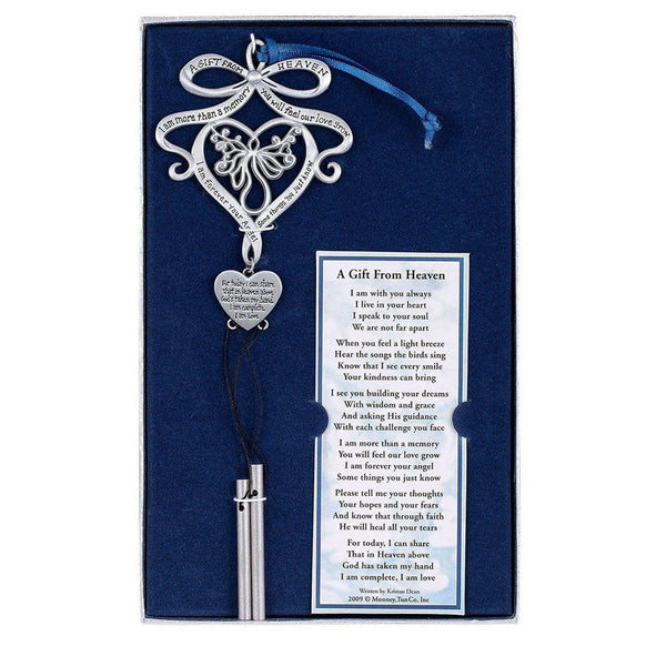 A Gift from Heaven pewter memorial wind chime with heart and butterfly design, engraved sentiment details, single silver chime tube, and poem card in gift box.