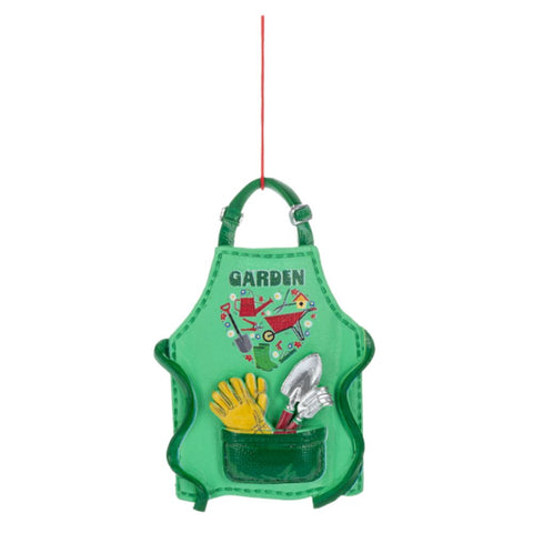Garden apron ornament featuring a green apron with gardening tools, yellow gloves, and a pocket design with garden-themed details on the front.