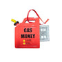 Red gas canister with 'Gas Money Liam 2026' text on a white background with a fake dollar showing that it is a money holder. 