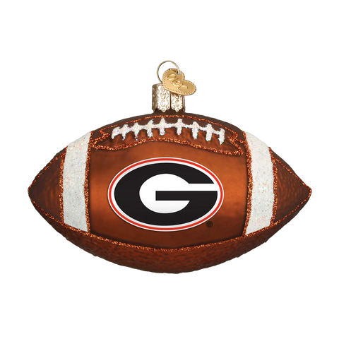 Glass football ornament with a Georgia logo on a white background