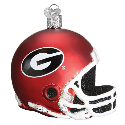 Red Georgia football helmet ornament with a logo on a white background