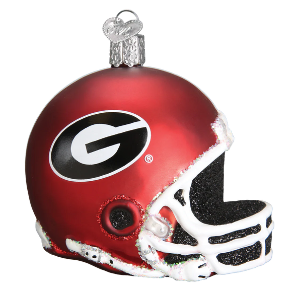 Red Georgia football helmet ornament with a logo on a white background
