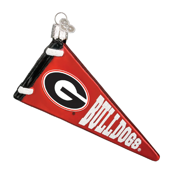 Red pennant ornament with Georgia 'Bulldogs' text and logo on a white background