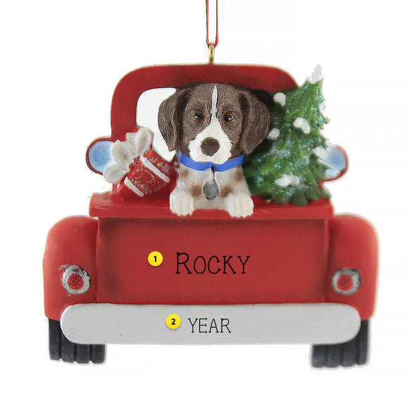 Personalized German Shorthaired Pointer Dog in Back of Truck Ornament with tree and gift