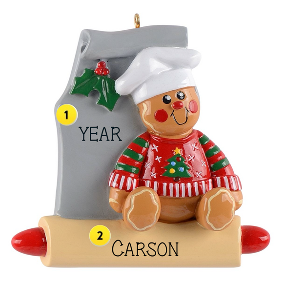 Gingerbread man sitting on rolling pin personalized Christmas ornament 