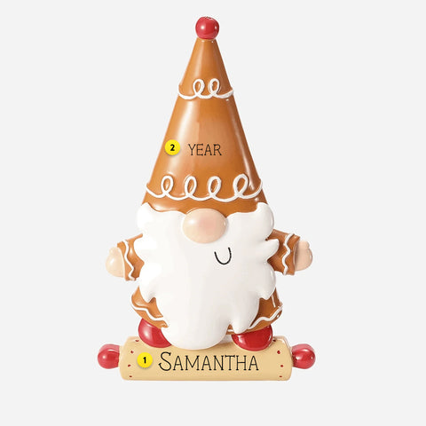 Decorative gnome ornament with a gingerbread theme on a white background