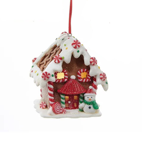Gingerbread House LED Ornament With Snowman and Candy on white back round