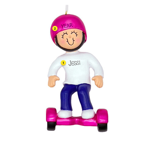 Girl on Hoverboard Ornament with pink helmet