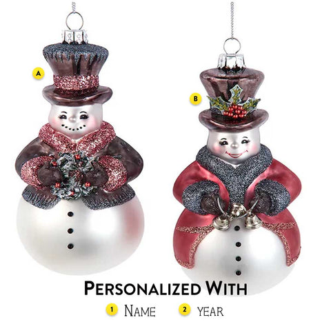 Personalized Glass Pink & Pewter Snowman Ornament