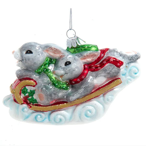 Glass Happy Bunnies on Sled Ornament