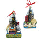 Personalized Glass Chicago Landmarks Ornament with colorful Chicago skyline, Navy Pier, sailboats, Ferris wheel, red ribbon, and spaces for name and year.