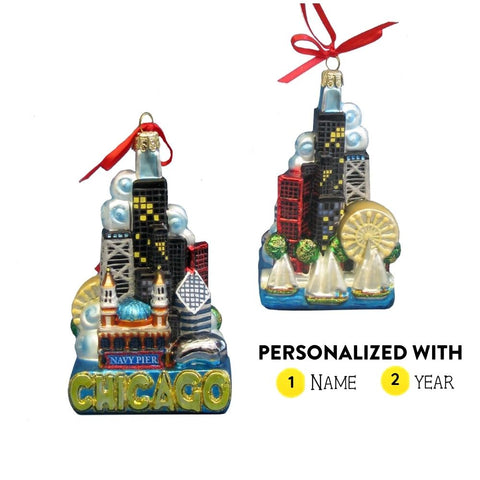 Personalized Glass Chicago Landmarks Ornament with colorful Chicago skyline, Navy Pier, sailboats, Ferris wheel, red ribbon, and spaces for name and year.