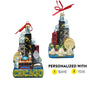 Personalized Glass Chicago Landmarks Ornament with colorful Chicago skyline, Navy Pier, sailboats, Ferris wheel, red ribbon, and spaces for name and year.