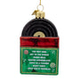 Back view of glass Christmas record ornament with black vinyl record and holiday song list including Jingle Bells and Silent Night.