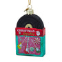 Glass Christmas record ornament with black vinyl record, red album sleeve, guitars, peppermint accents, and Christmas Sing Along text.