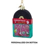 Personalized glass Christmas record ornament with text noting personalization on bottom, black record, and colorful holiday album art.