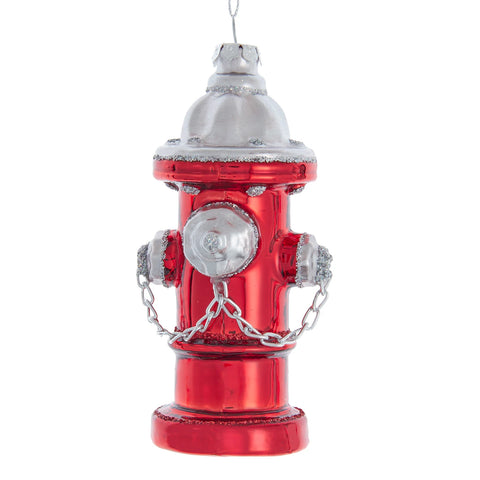 Glass ornament shaped like a red fire hydrant with silver glittered details, side nozzles, and chain accents.