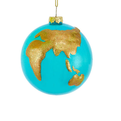 Glass glow-in-the-dark Earth ornament with aqua blue glass, glittered gold land details, gold cap, and gold hanging cord.