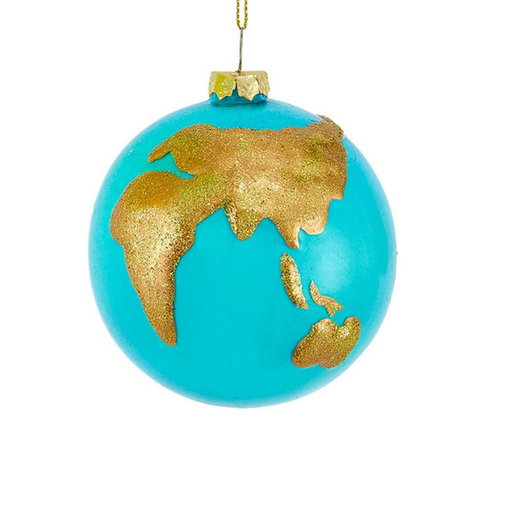 Glass glow-in-the-dark Earth ornament with aqua blue glass, glittered gold land details, gold cap, and gold hanging cord.