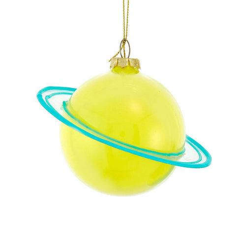 Glass glow-in-the-dark Saturn ornament with a bright yellow planet, translucent aqua ring, gold cap, and gold hanging cord.