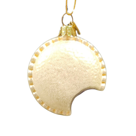 Glass crustless peanut butter and jelly ornament with pearly bread and crimped edges.