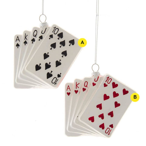 Glass ornament shaped like a fan of playing cards showing a royal flush hand, available in black spades or red hearts.