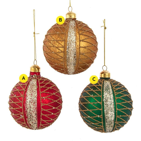 Round glass ball ornaments in red, green, and gold with glittered vertical bands and gold crisscross detailing, shown in three color options.